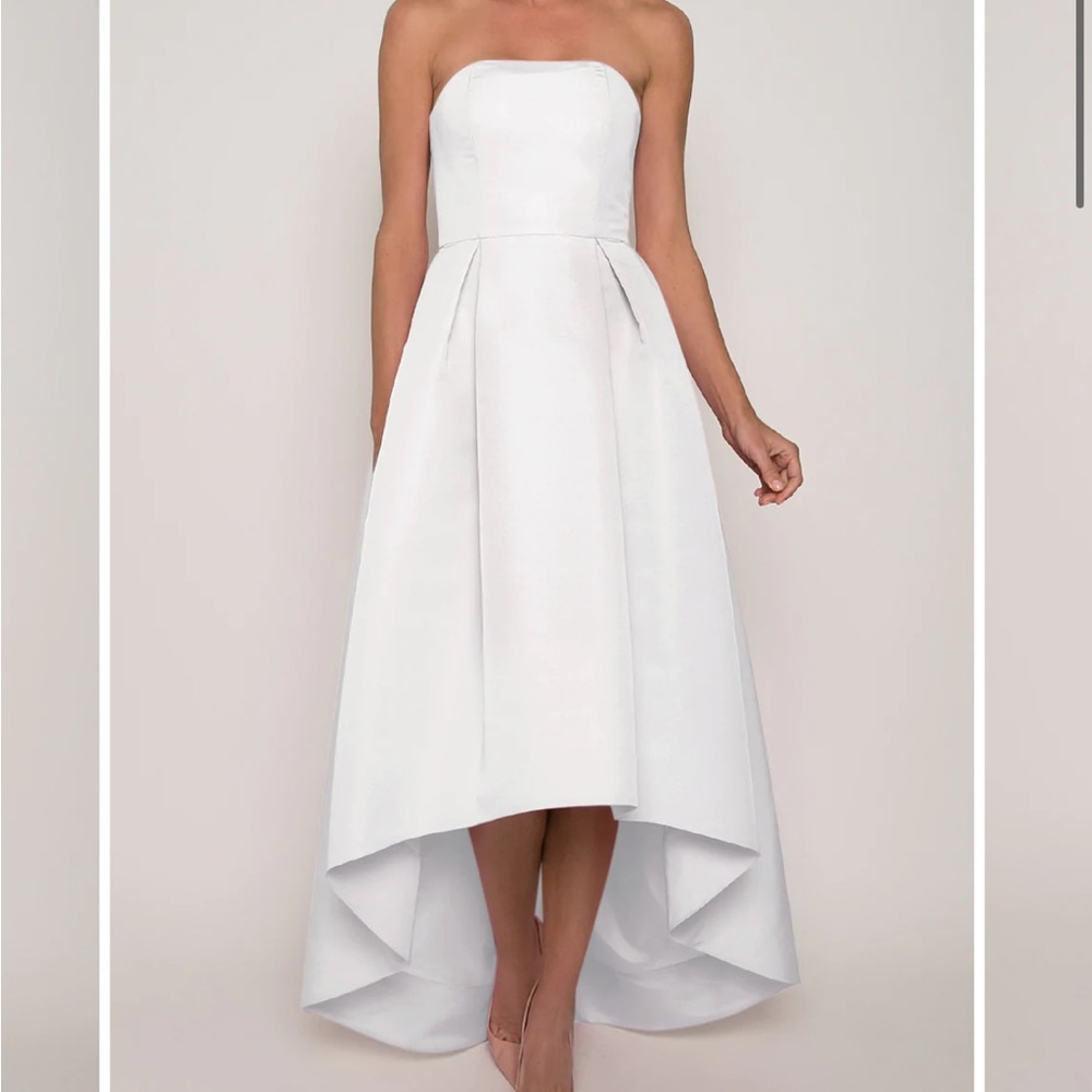 Alexia Maria silk faille strapless high low gown